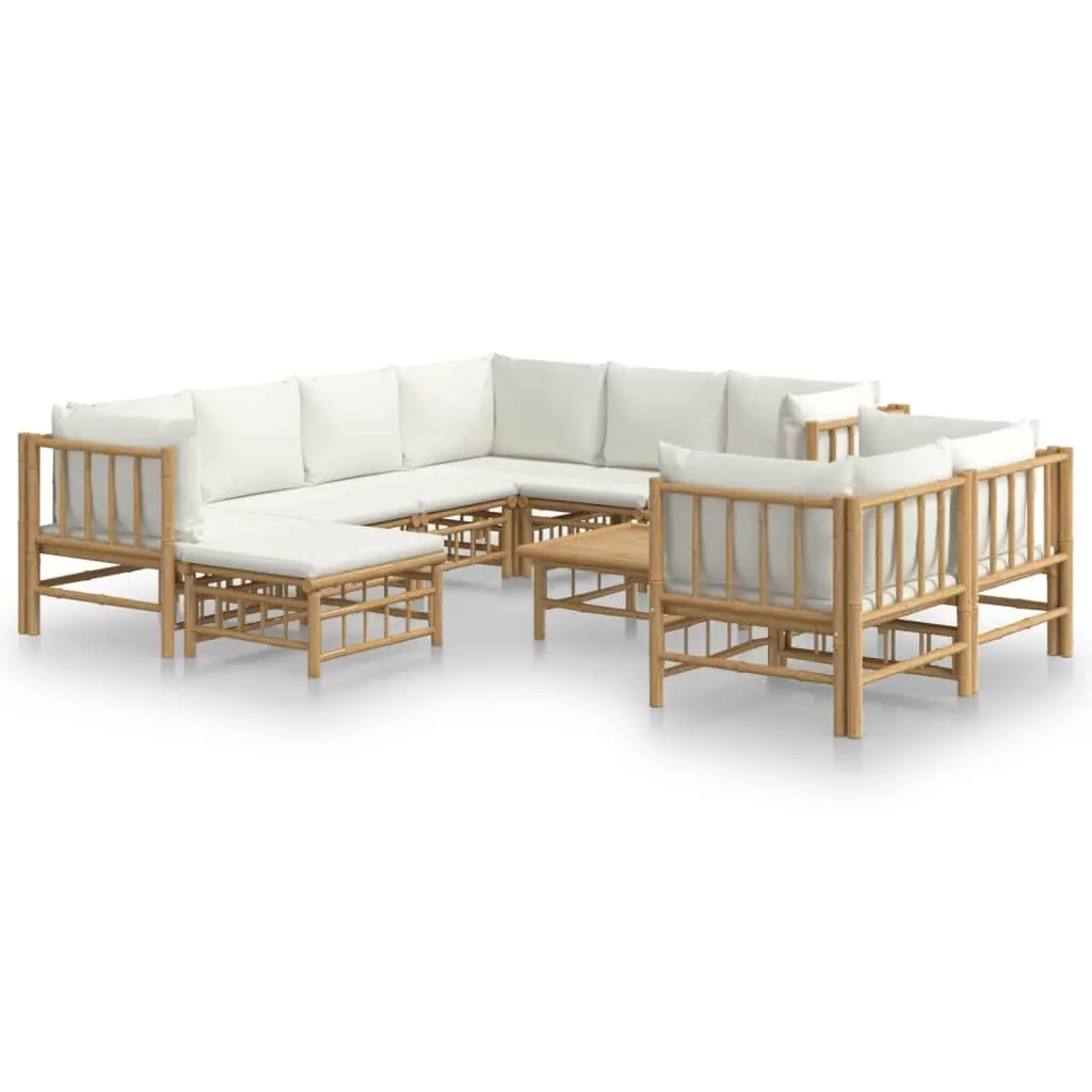 Garden Lounge Set Bamboo 10 Pieces Outdoor Furniture Sofa with Cushions Cream White