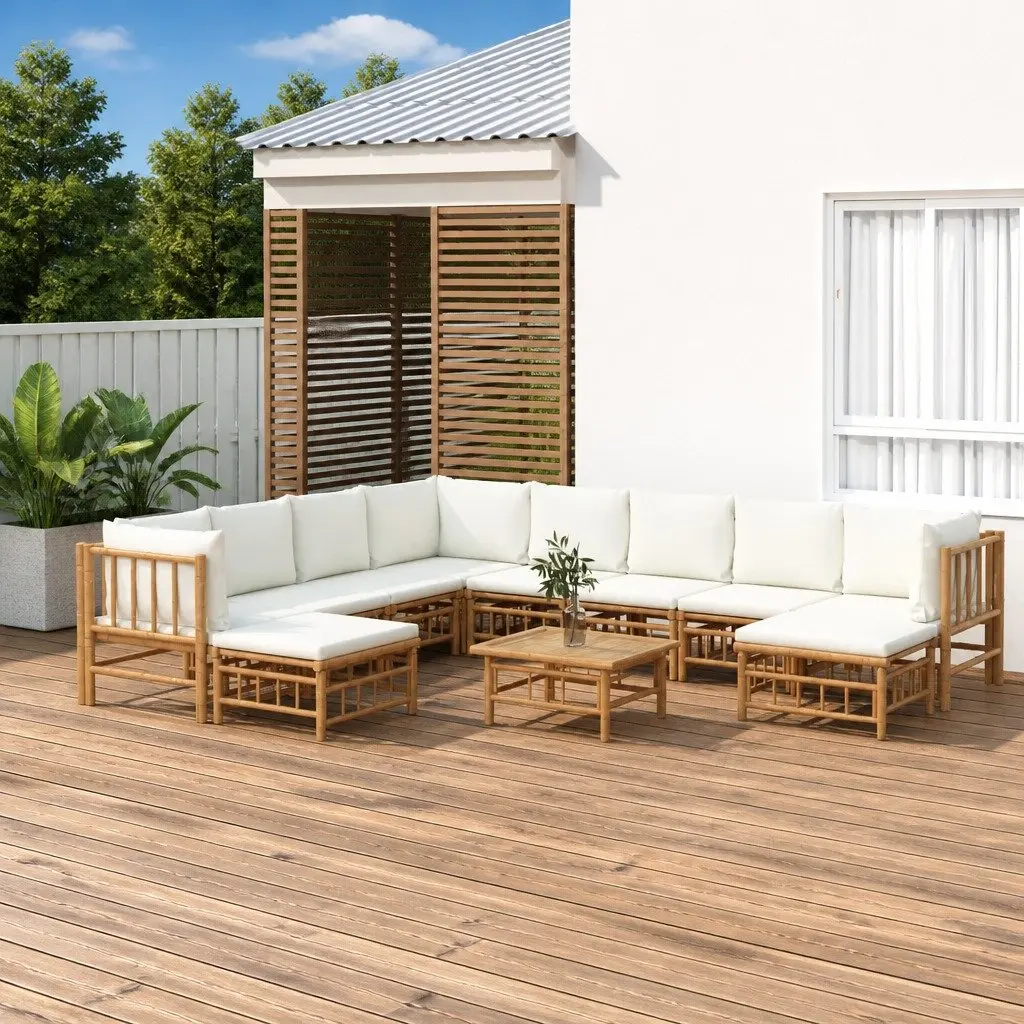 Garden Lounge Set Bamboo 11 Pieces Outdoor Furniture Brown Cream Cushions