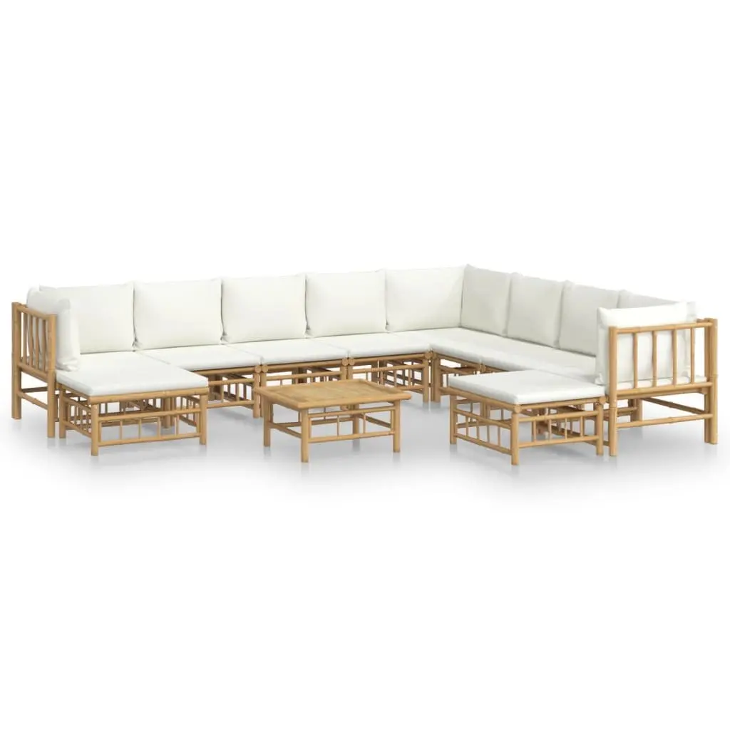 Garden Lounge Set Bamboo 11 Pieces Outdoor Furniture Brown Cream Cushions