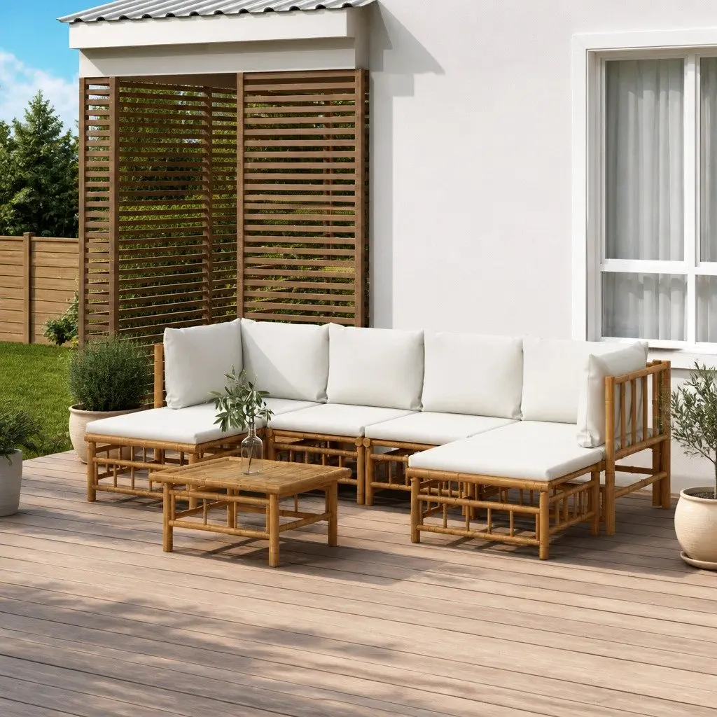 7 Piece Garden Lounge Set Bamboo Frame Cream Cushions