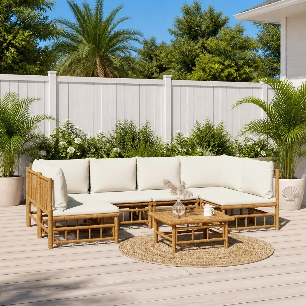 7 Piece Bamboo Garden Lounge Set Outdoor Furniture Brown with Cream White Cushions