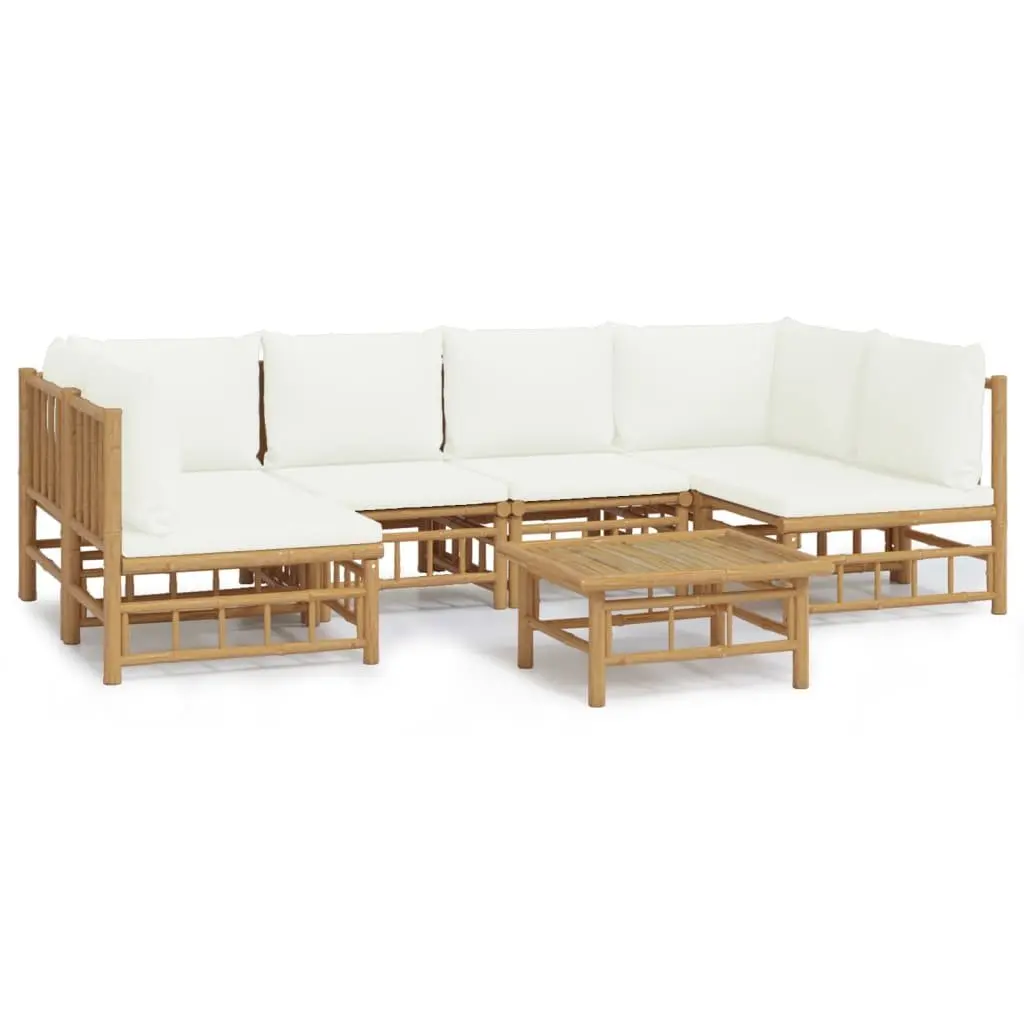 7 Piece Bamboo Garden Lounge Set Outdoor Furniture Brown with Cream White Cushions