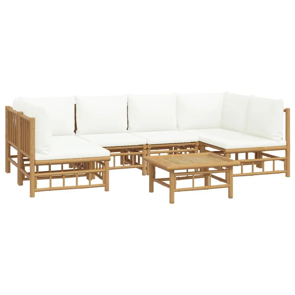 7 Piece Bamboo Garden Lounge Set Outdoor Furniture Brown with Cream White Cushions