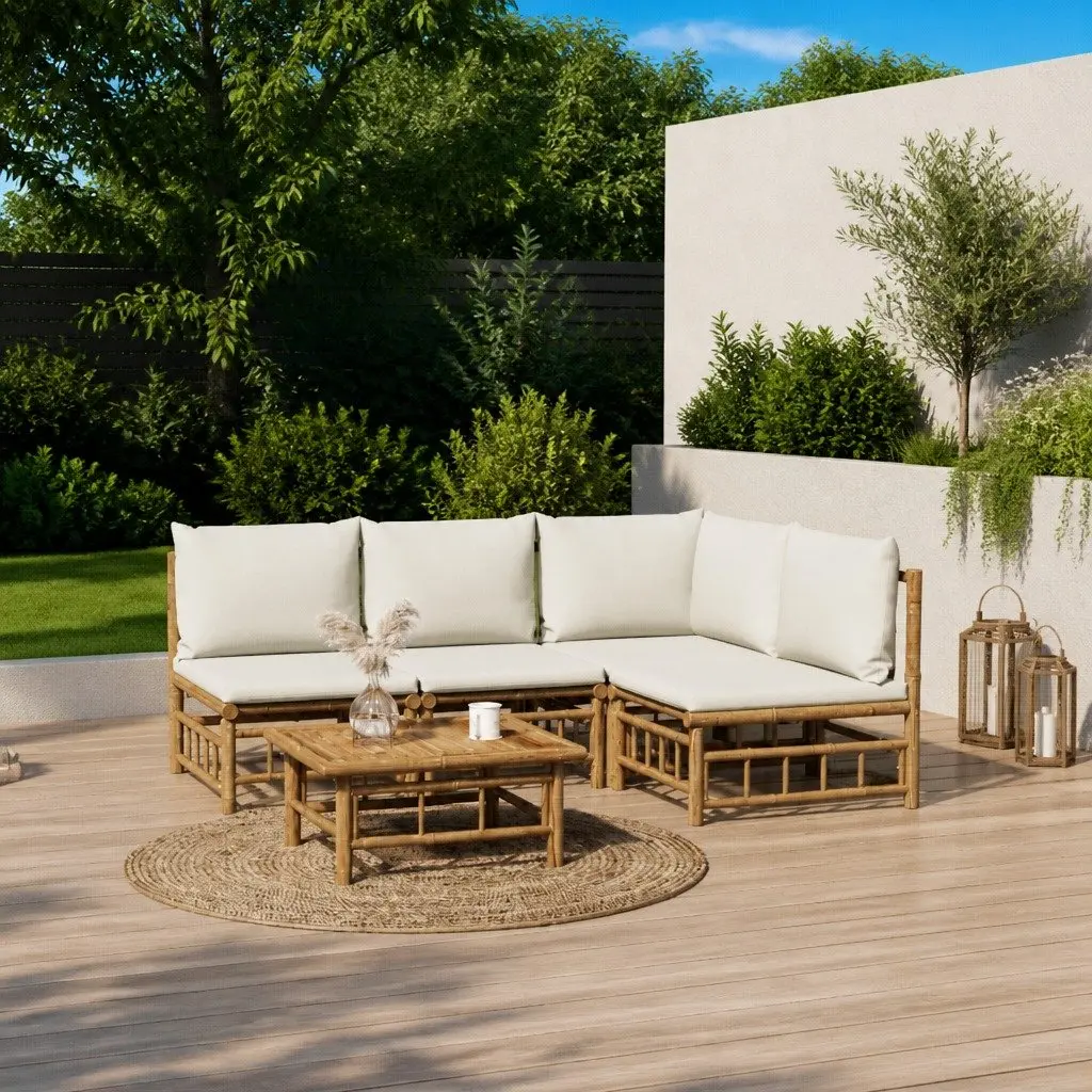 5 Piece Garden Lounge Set Bamboo Sofa with Cream White Cushions