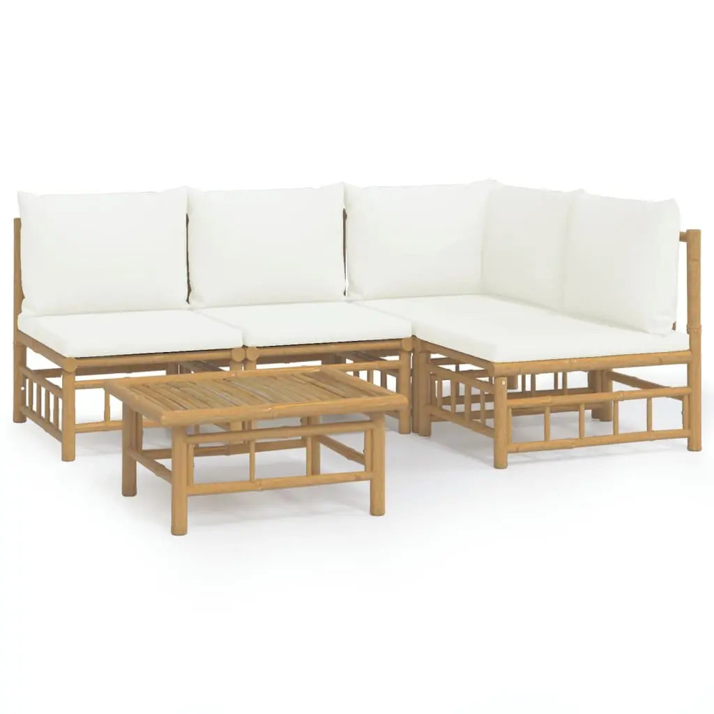5 Piece Garden Lounge Set Bamboo Sofa with Cream White Cushions