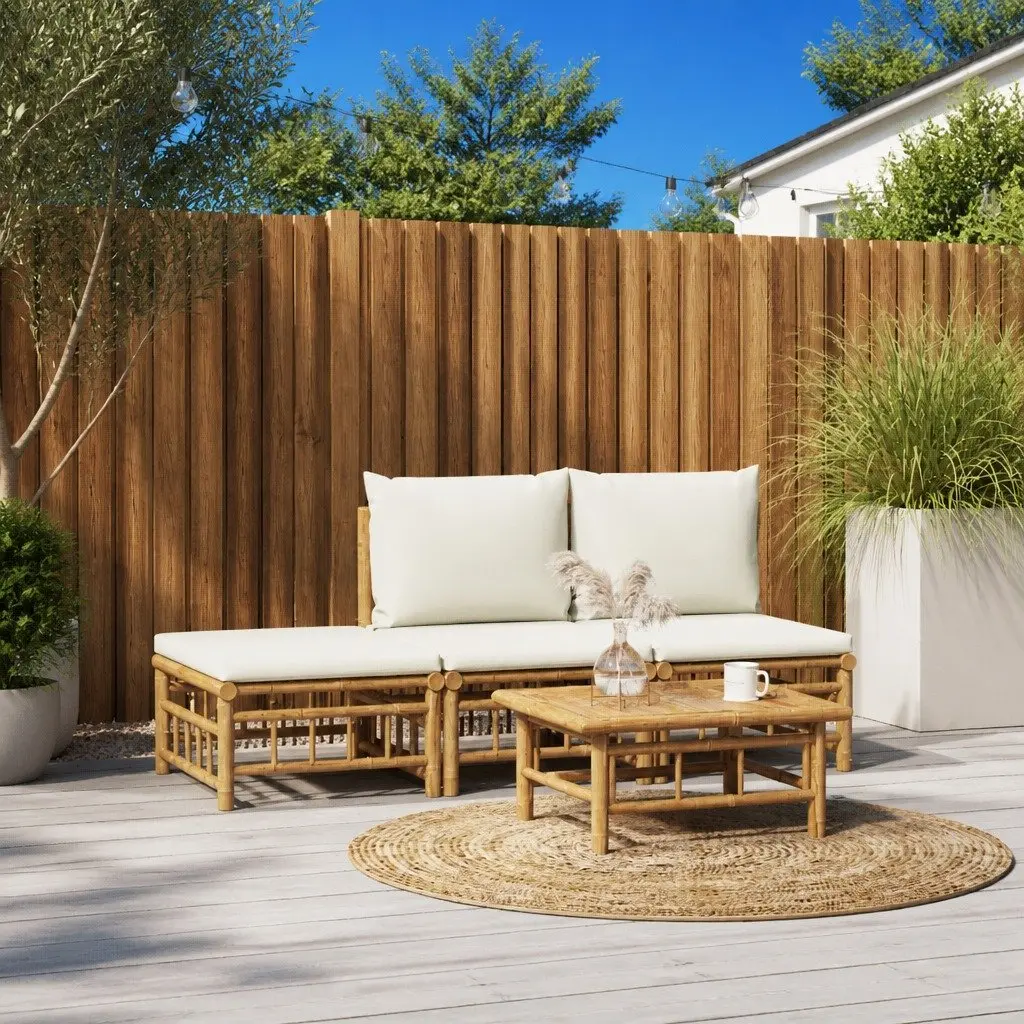 4 Piece Modular Outdoor Lounge Set Brown Bamboo with Cream Cushions