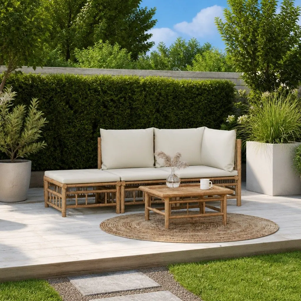 3 Piece Bamboo Garden Lounge Set Outdoor Furniture with Cream Cushions Brown