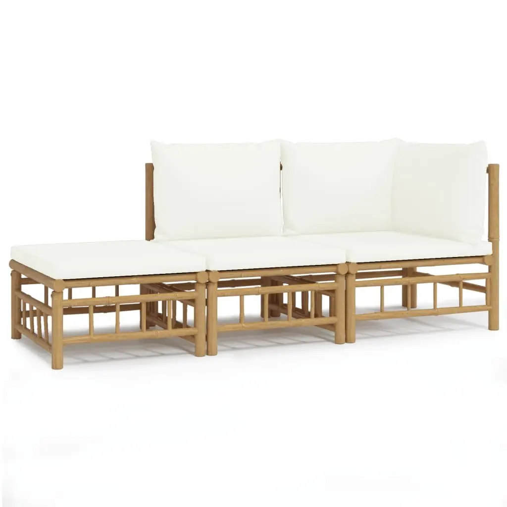 3 Piece Bamboo Garden Lounge Set Outdoor Furniture with Cream Cushions Brown