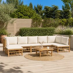 8-Piece Outdoor Lounge Set in Brown Bamboo with Cream Cushions