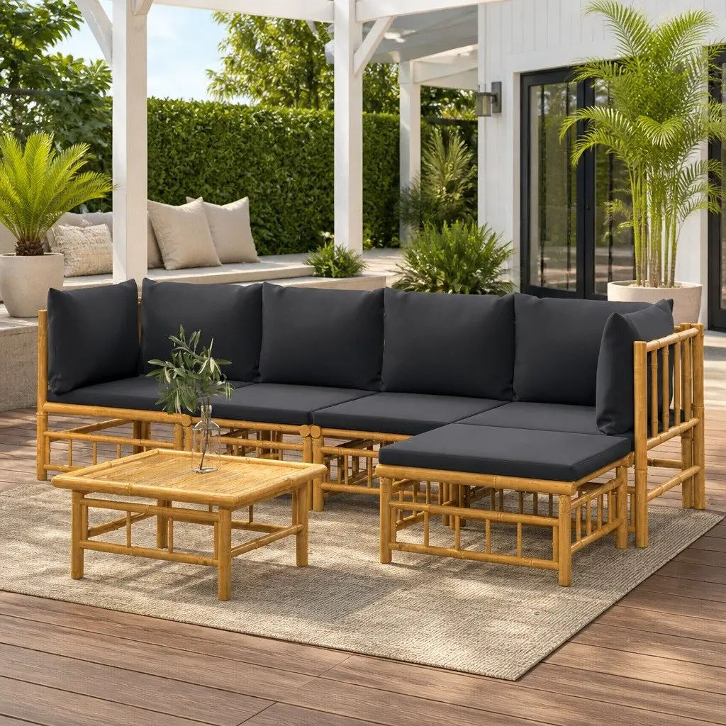 Bamboo Outdoor Lounge Set 6 Piece Modular Furniture with Cushions Brown Dark Grey