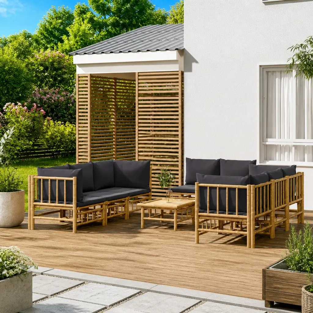 9 Piece Modular Outdoor Garden Lounge Set with Bamboo Frame and Dark Grey Cushions