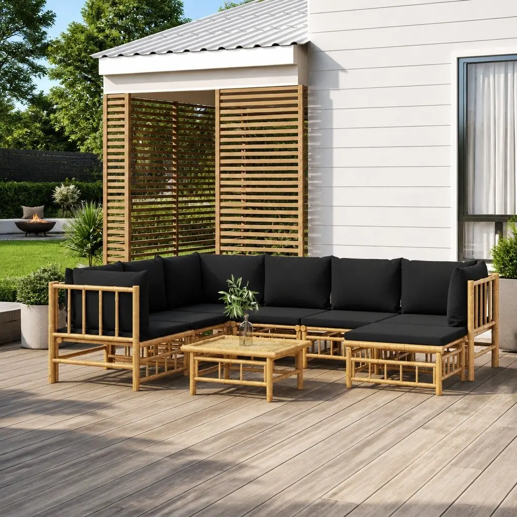 8 Piece Modular Bamboo Lounge Set Outdoor Furniture Brown with Dark Grey Cushions