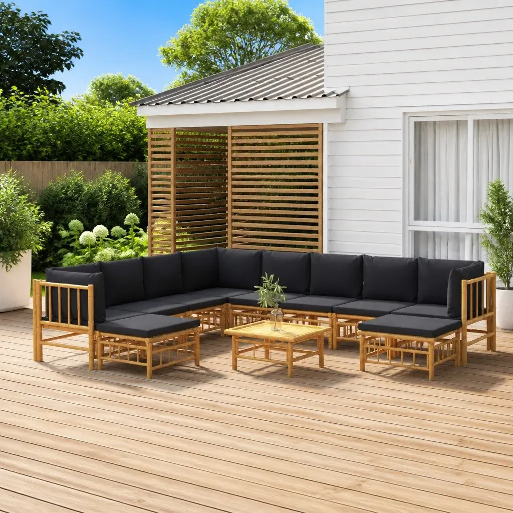 11 Piece Modular Lounge Set Bamboo Outdoor Furniture with Cushions and Table Brown