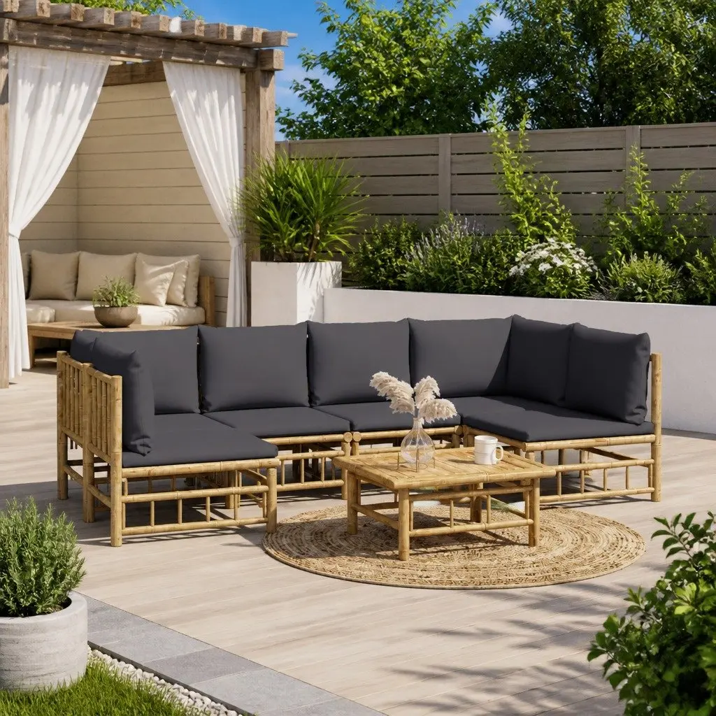 7 Piece Bamboo Garden Lounge Set Outdoor Furniture with Dark Grey Cushions Brown