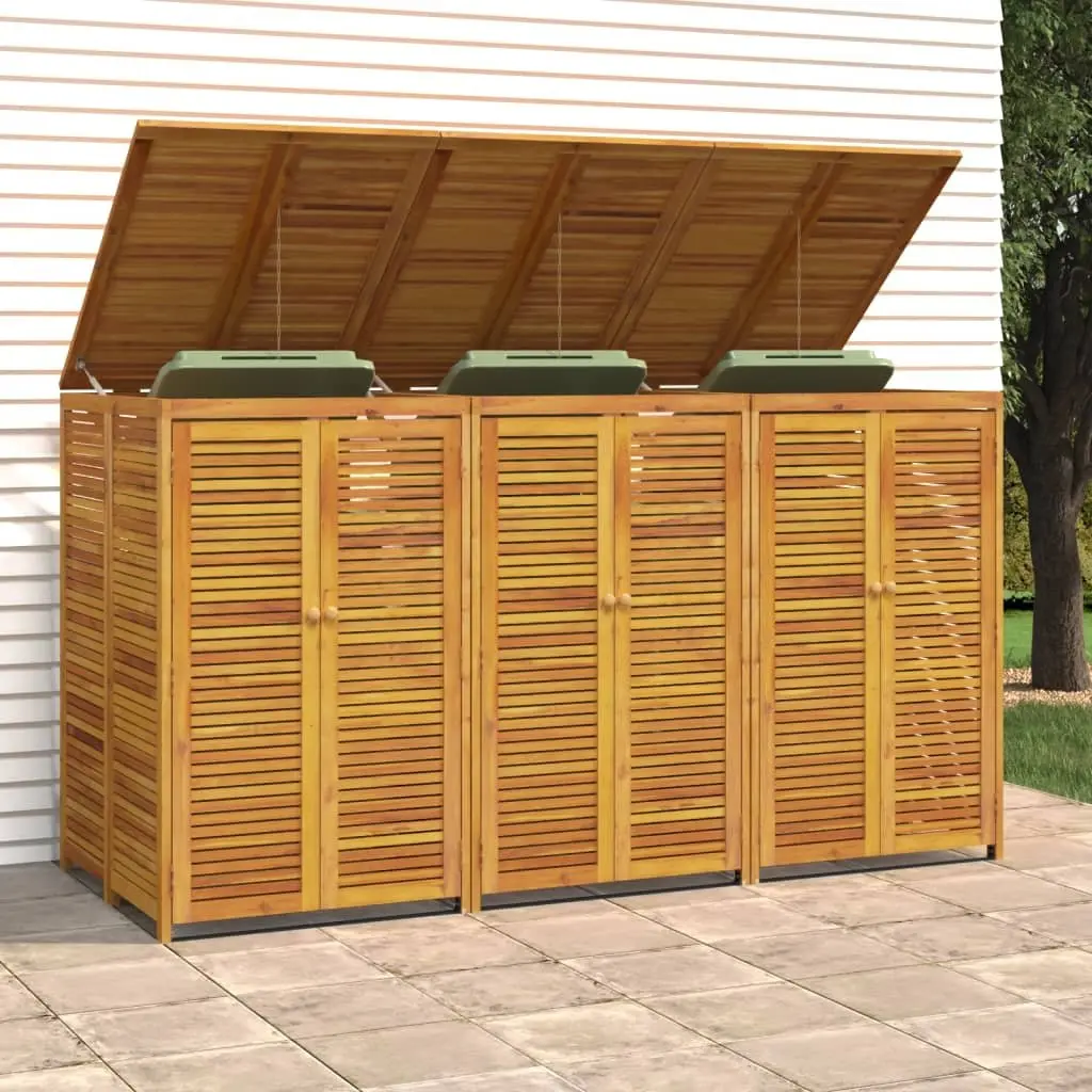 Triple Bin Shed Brown Acacia Wood 210x89x117 cm Outdoor Waste Container Storage with Access Doors and Automatic Lid Opening Mechanism