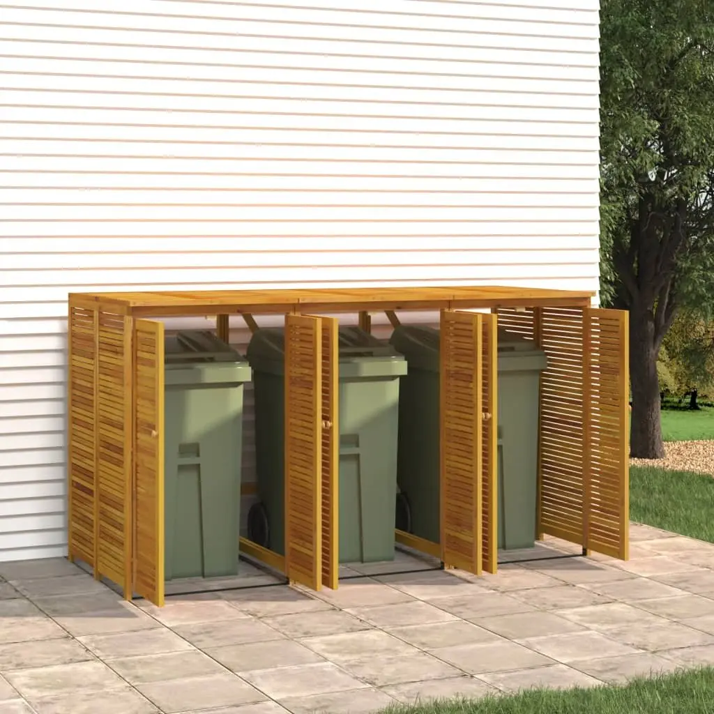 Triple Bin Shed Brown Acacia Wood 210x89x117 cm Outdoor Waste Container Storage with Access Doors and Automatic Lid Opening Mechanism