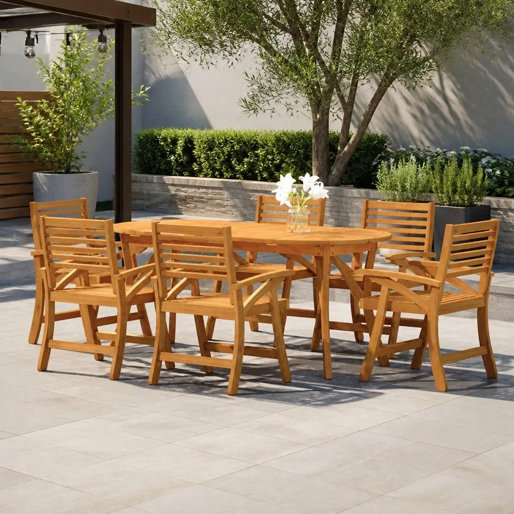 7 Piece Outdoor Dining Set Brown Acacia Wood Solid Construction Patio Furniture