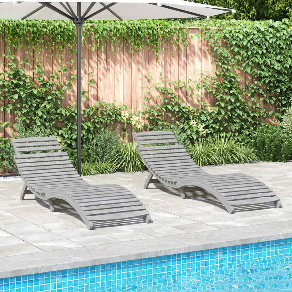 Sun Loungers Set Solid Acacia Wood Ergonomic Foldable 2 Piece Grey Outdoor Garden Patio Furniture