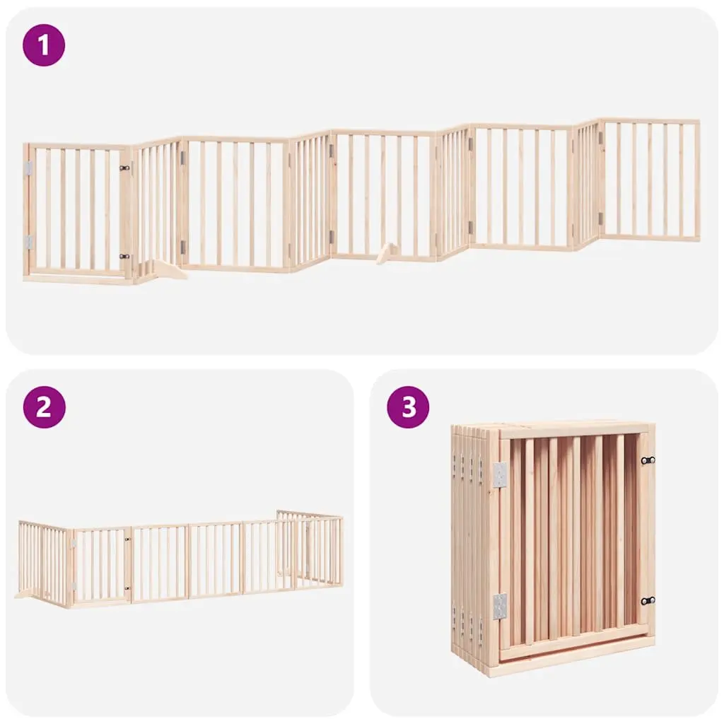 Dog Gate Foldable 9 Panels 450cm Brown Poplar Wood Pet Safety Barrier with Door