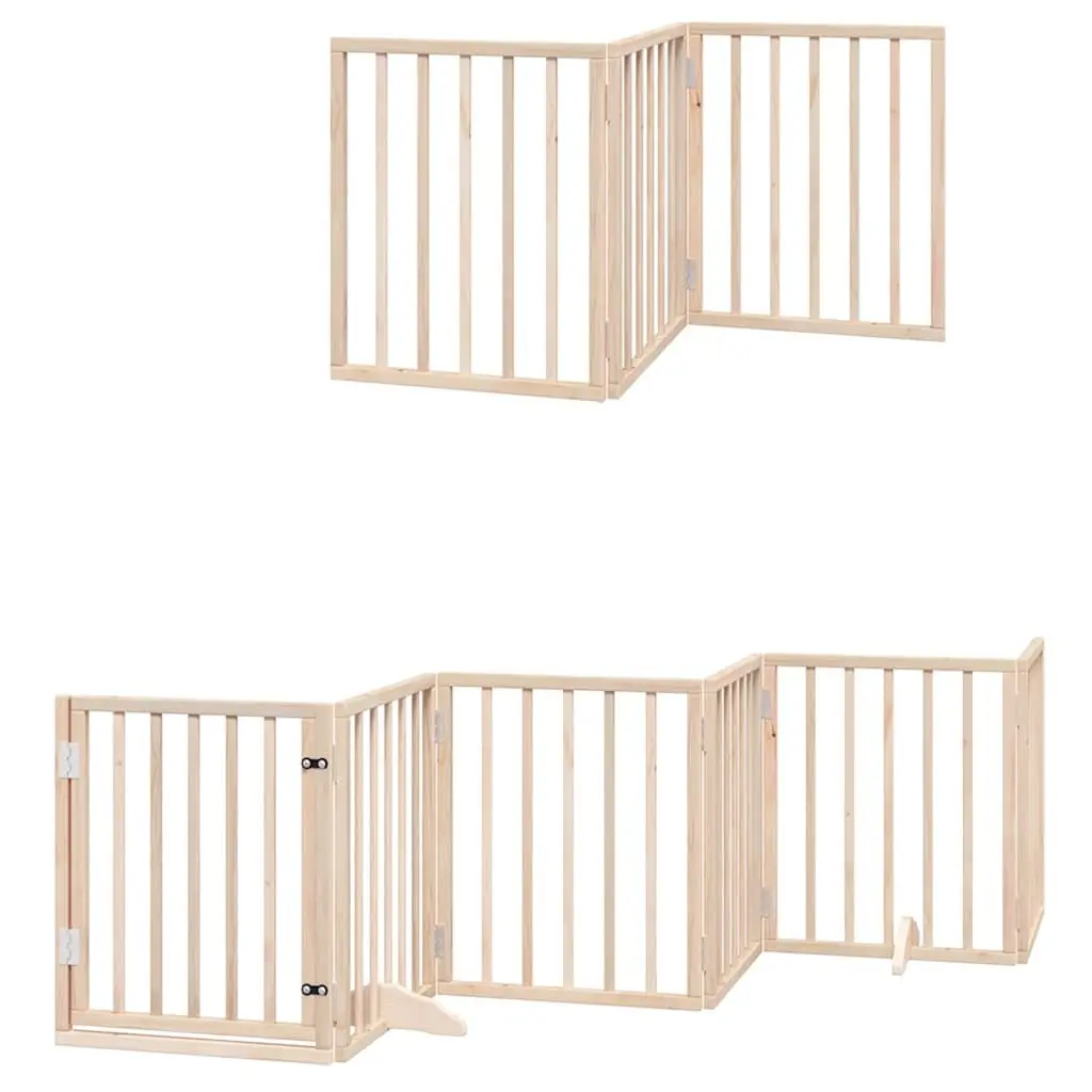 Dog Gate Foldable 9 Panels 450cm Brown Poplar Wood Pet Safety Barrier with Door