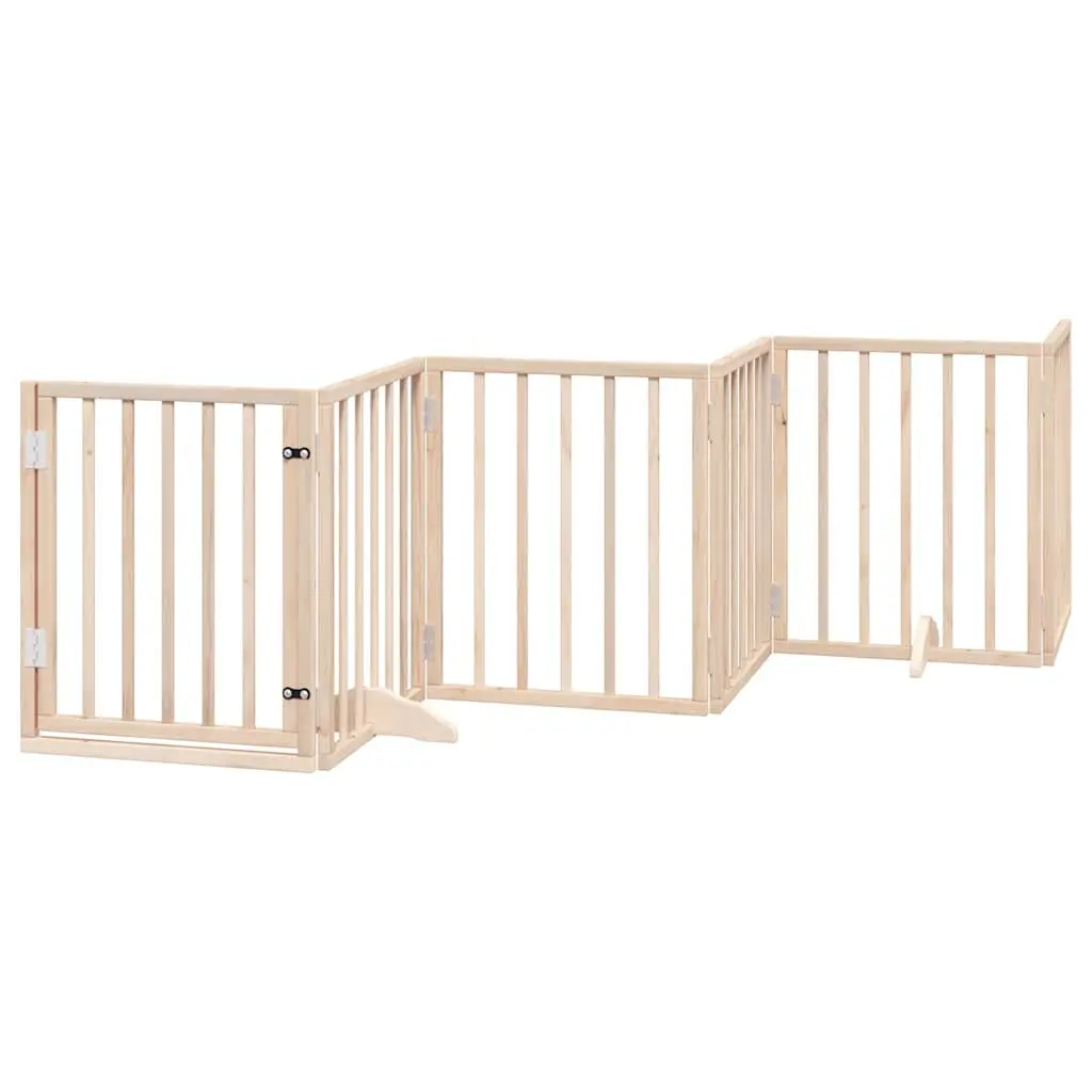 Dog Gate Foldable 9 Panels 450cm Brown Poplar Wood Pet Safety Barrier with Door
