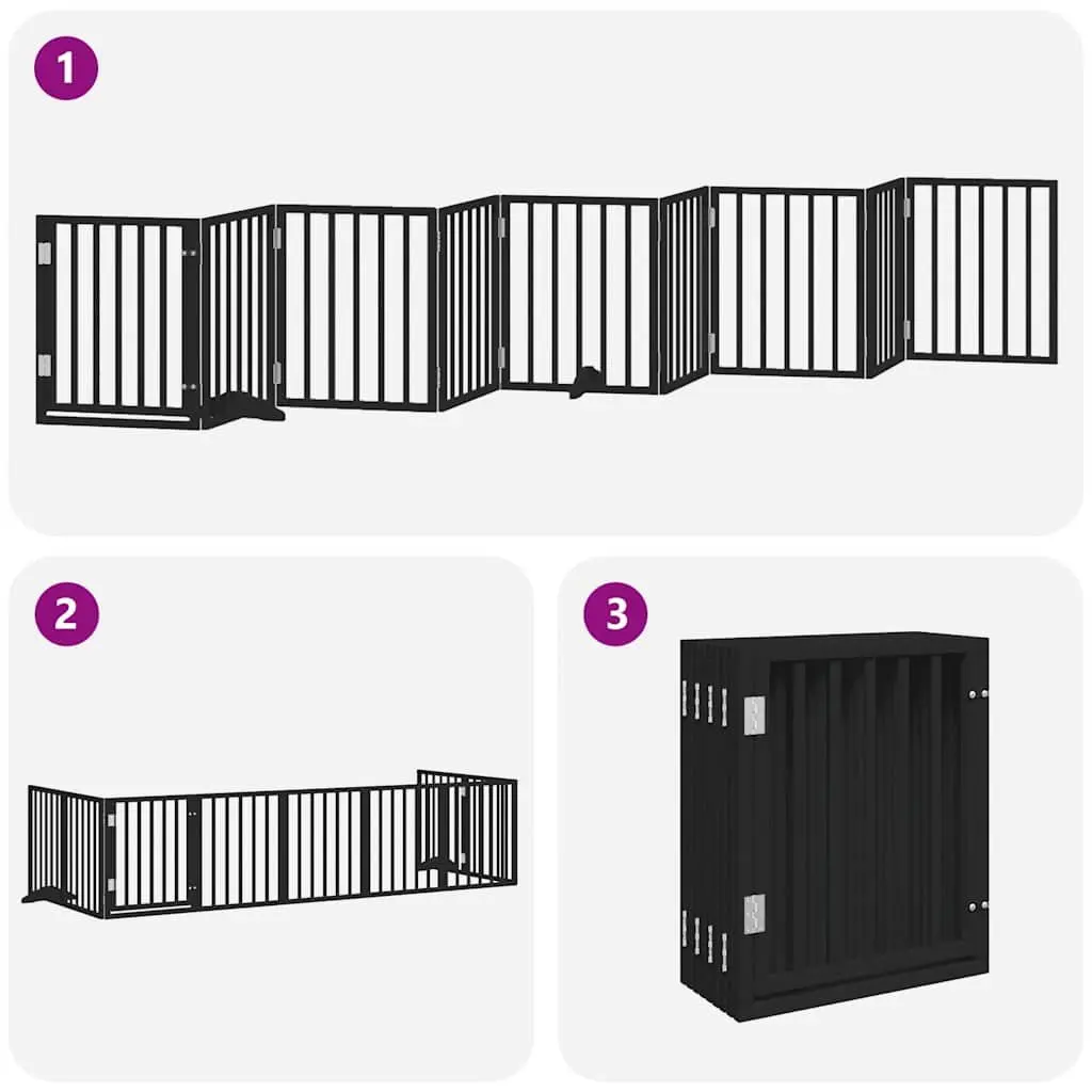 Dog Gate with Door Foldable 9 Panels Black 450cm Poplar Wood Pet Barrier