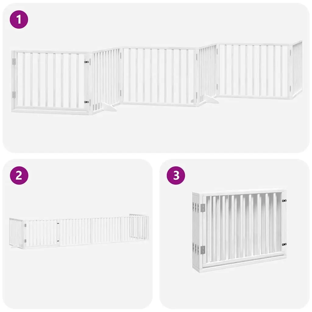 Dog Gate Foldable 6 Panels White Poplar Wood Pet Safety Barrier Door Lock