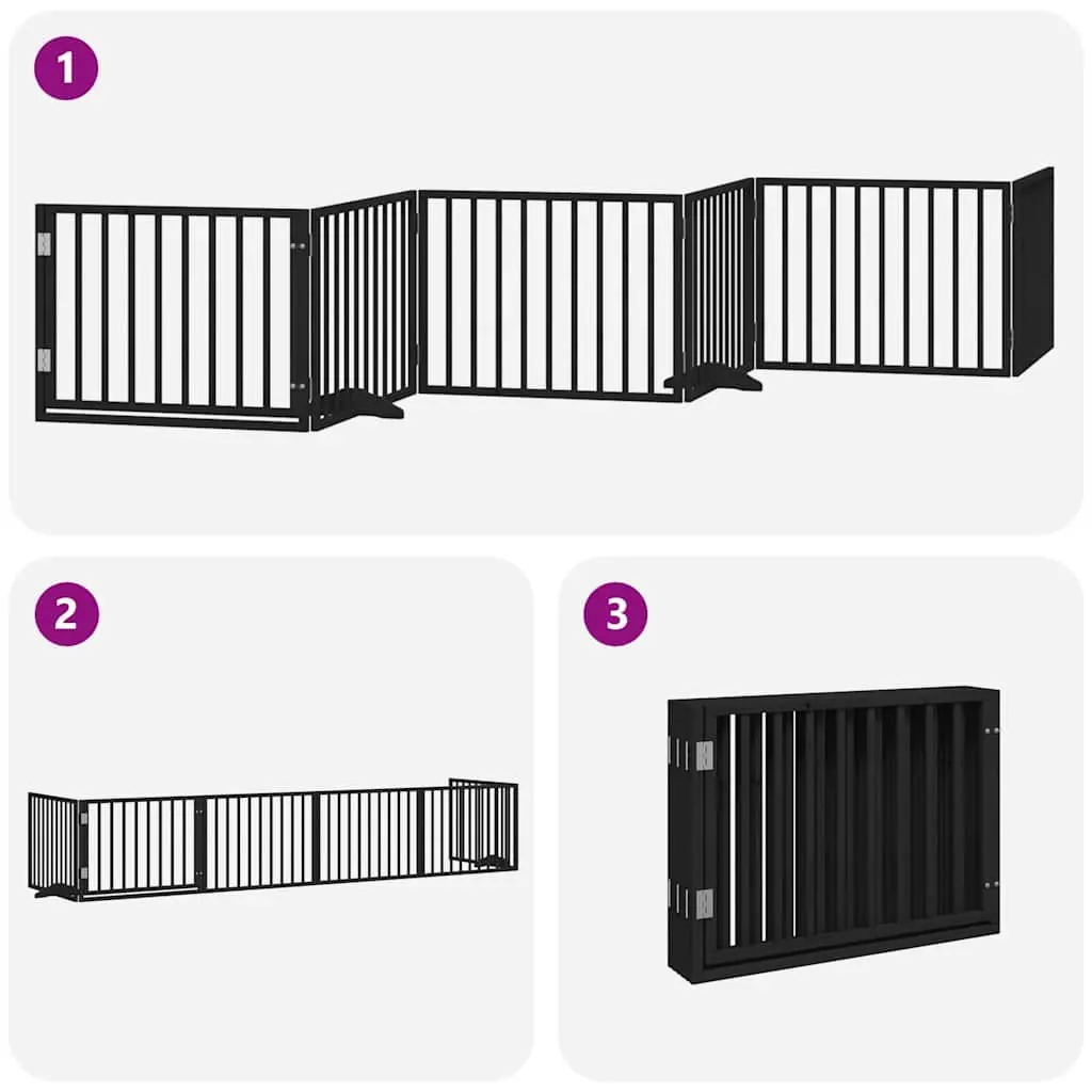 Dog Gate with Door Foldable 6 Panels Black 480cm Poplar Wood Pet Pen Safety
