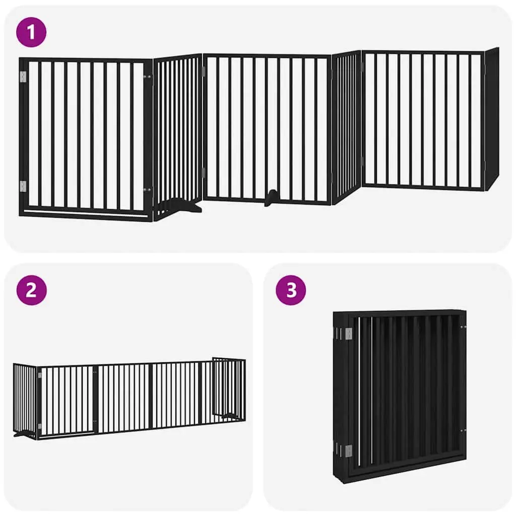 Dog Gate Foldable 6 Panels Black Poplar Wood Pet Safety Barrier Door Enclosure