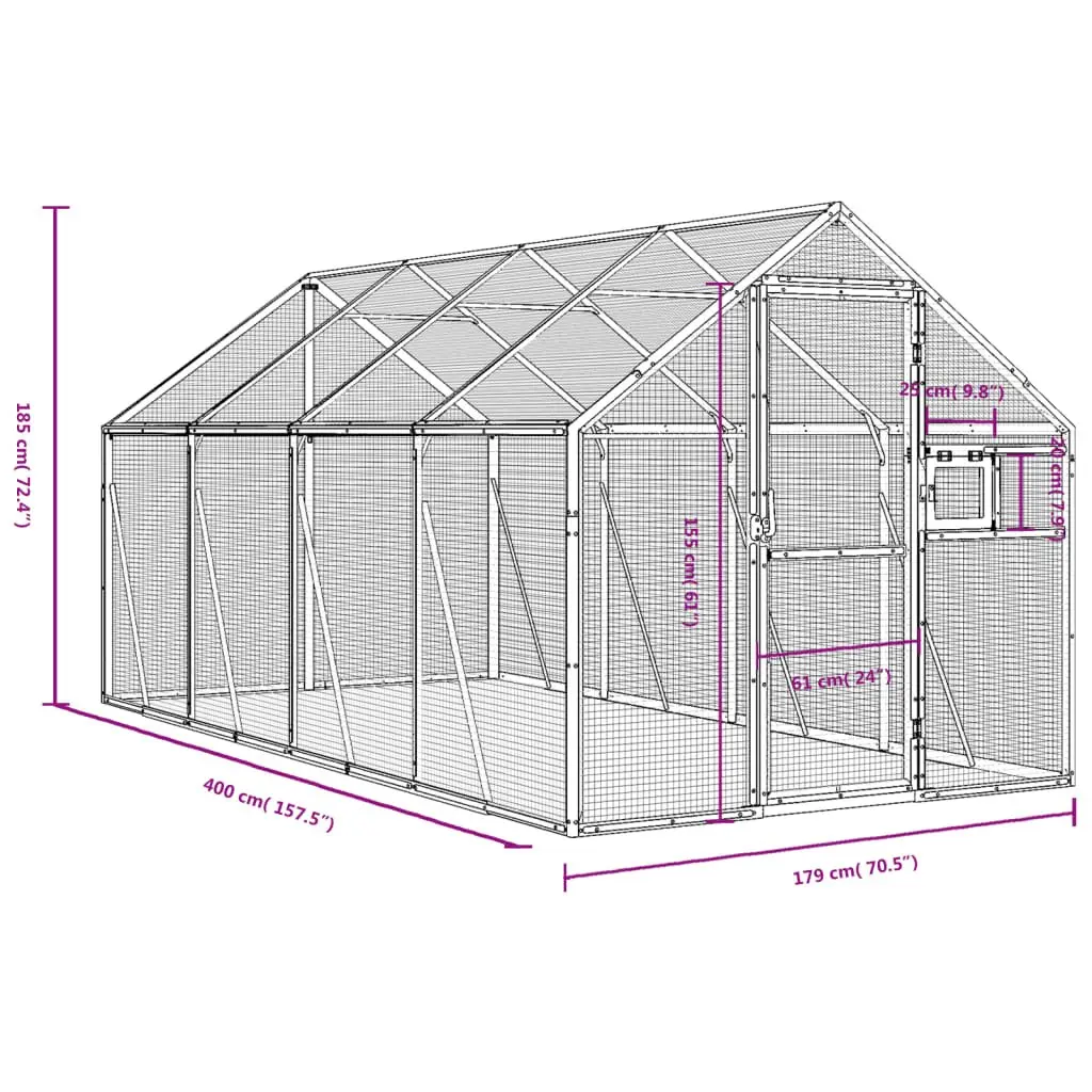 Aviary Bird Cage Aluminium 1.79x4x1.85m Silver Wire Mesh Outdoor Enclosure