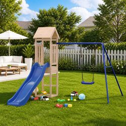 Wooden Outdoor Playset Swing Set Slide Sandpit Climbing Frame Brown