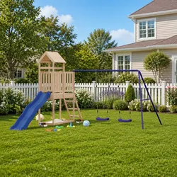Practical Wooden Playset with Sandbox and Slide