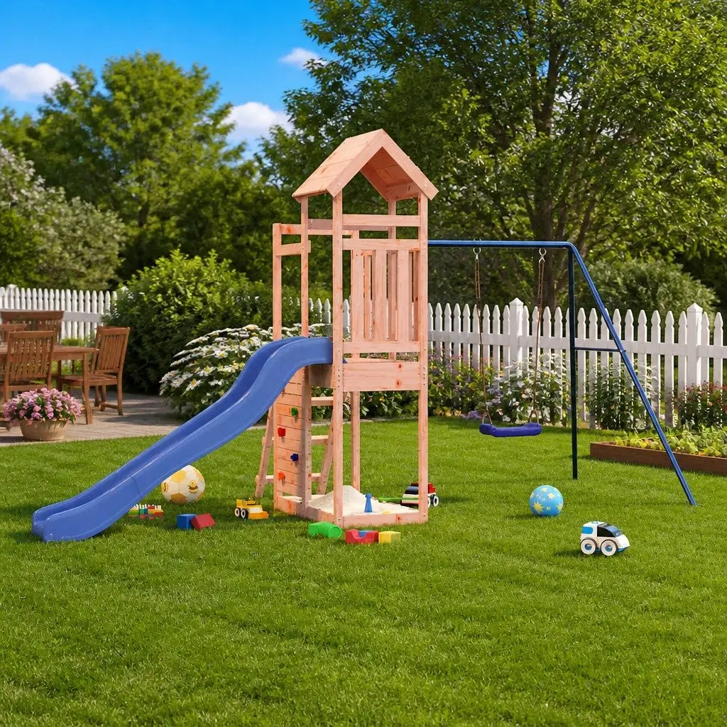 Wooden Playset Multiactivity Climbing Frame Slide Swing Rockwall Sandbox Brown 90cm