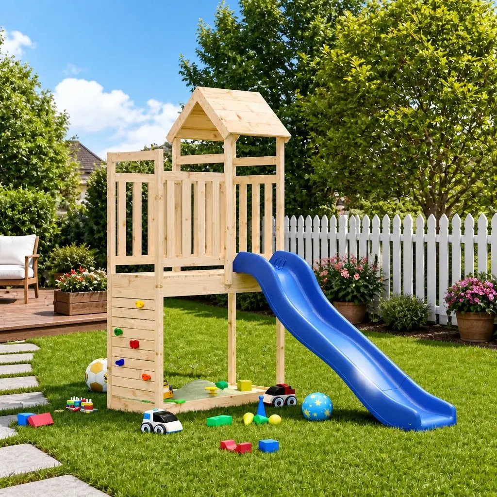 Wooden Outdoor Playset Climbing Frame Slide Rockwall Sandbox Brown