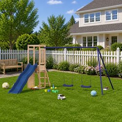 Children's Outdoor Playset with Swing and Rockwall