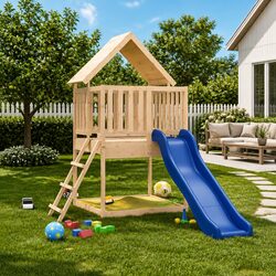 Outdoor Playset Wooden Climbing Frame Wave Slide Sandbox Platform Backyard Play