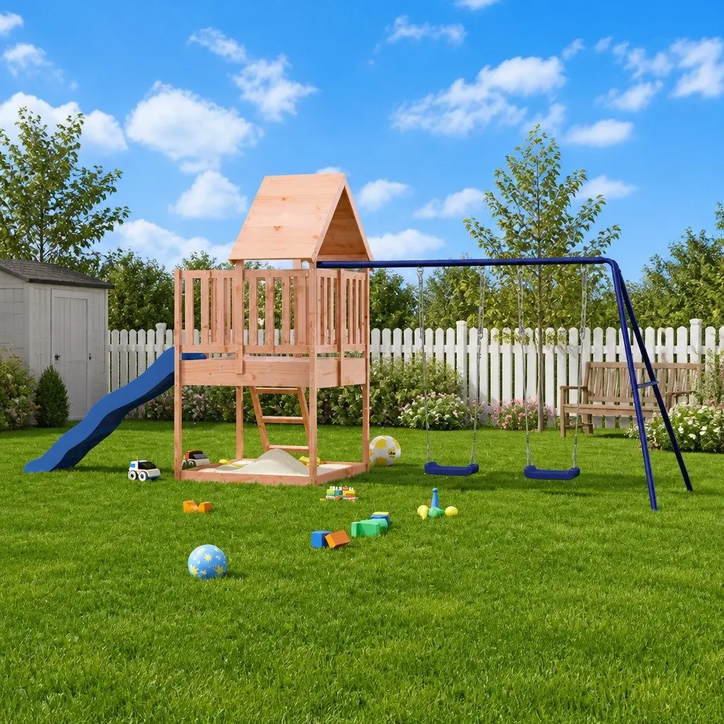 Outdoor Playset Solid Wood Climbing Frame Wave Slide Double Swing Sandpit Garden