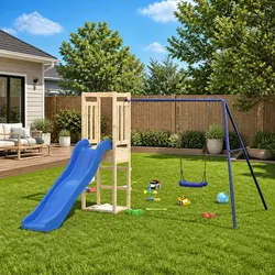 Versatile Wooden Playset for Outdoor Fun and Play