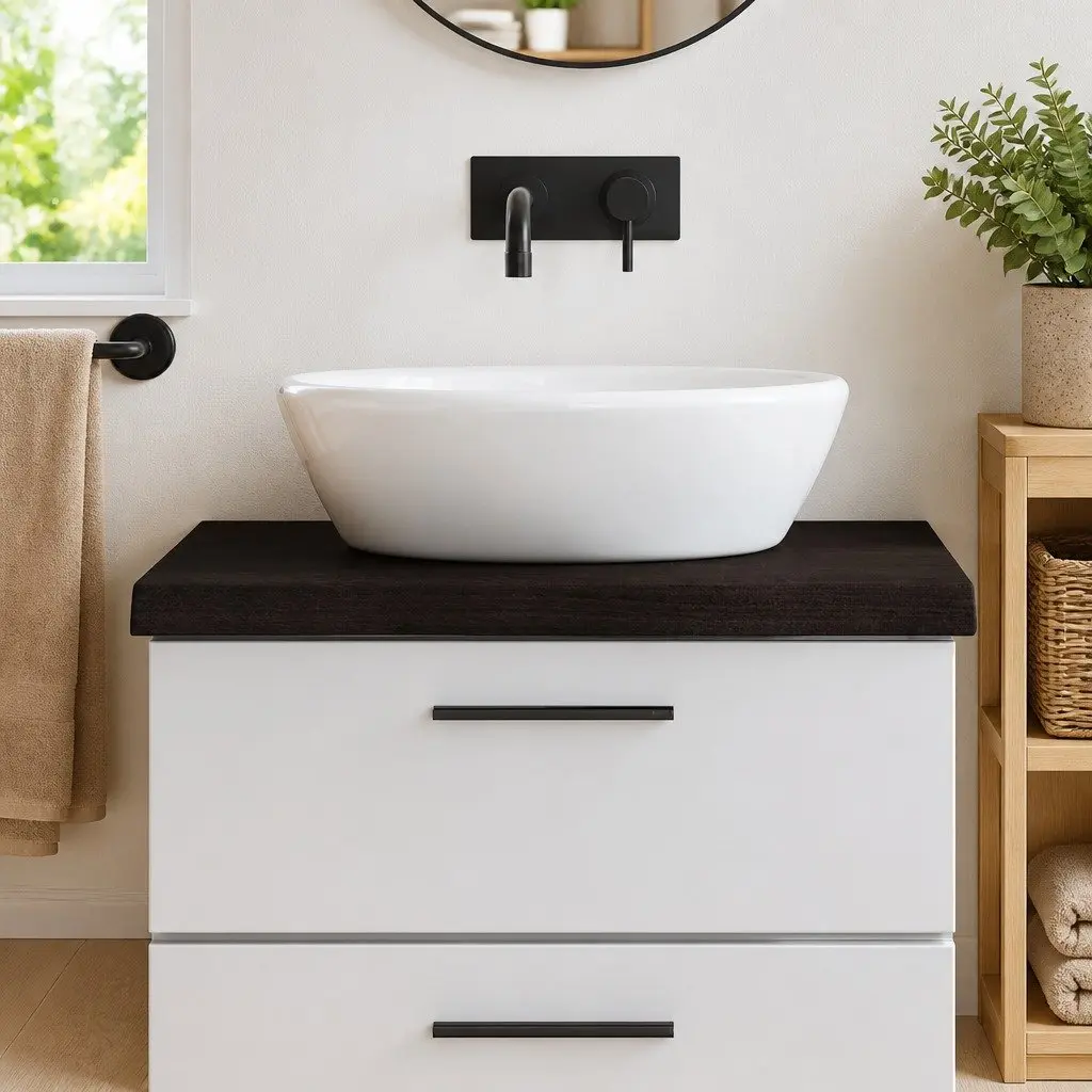 Bathroom Countertop 80x50cm Solid Oak Wood Dark Brown Live Edge Handcrafted Surface