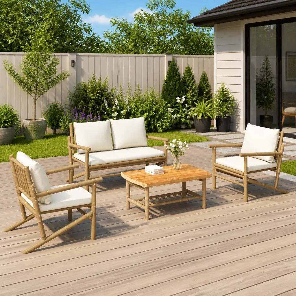 4 Piece Bamboo Garden Lounge Set Outdoor Furniture Brown with Cream White Cushions