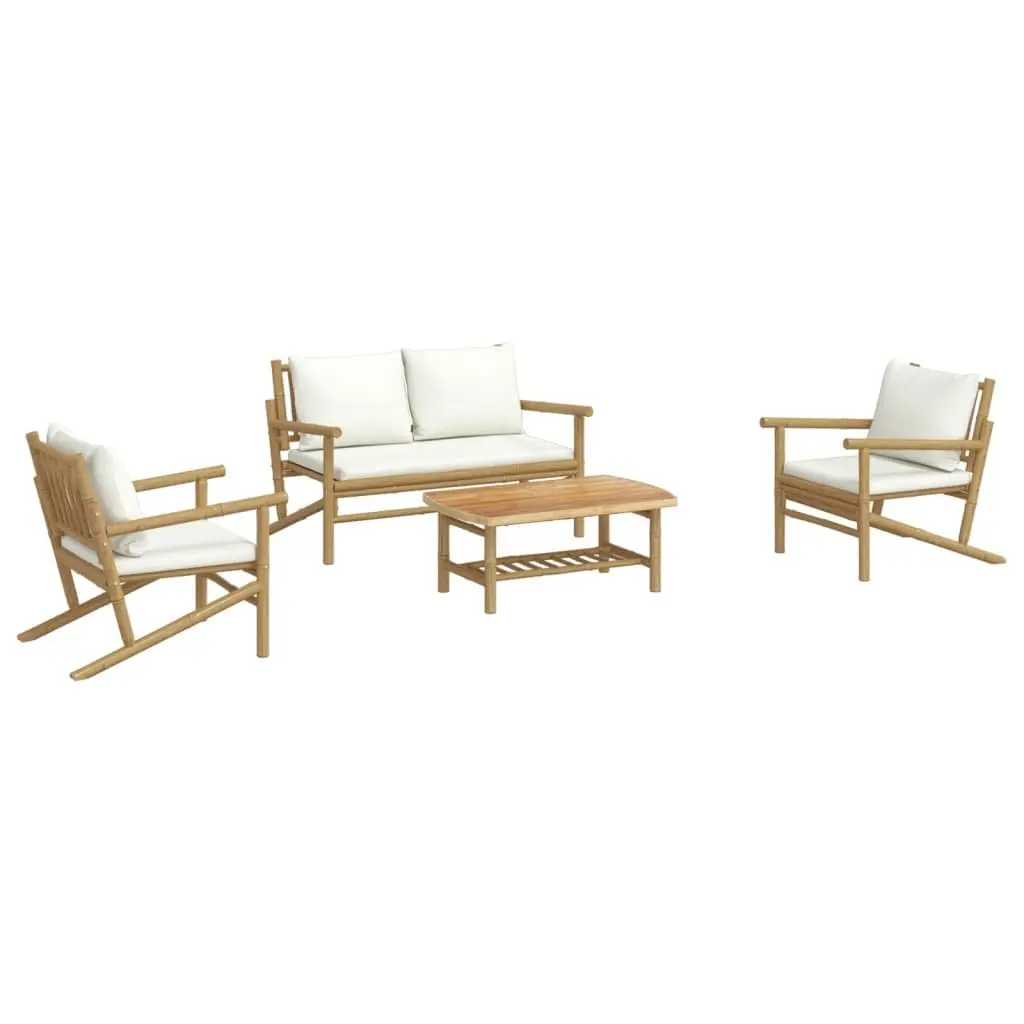 4 Piece Bamboo Garden Lounge Set Outdoor Furniture Brown with Cream White Cushions