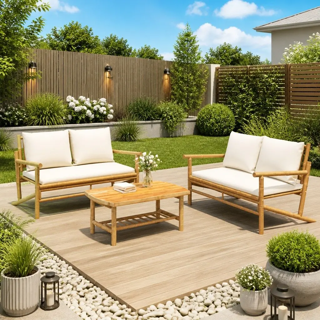 Bamboo Garden Lounge Set 3 Piece Outdoor Furniture Brown with Cream Cushions