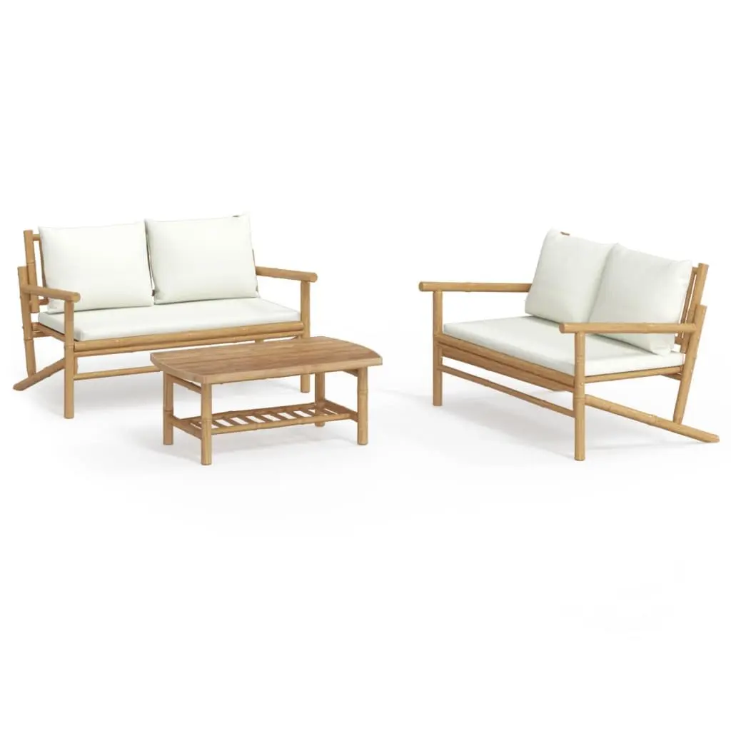 Bamboo Garden Lounge Set 3 Piece Outdoor Furniture Brown with Cream Cushions