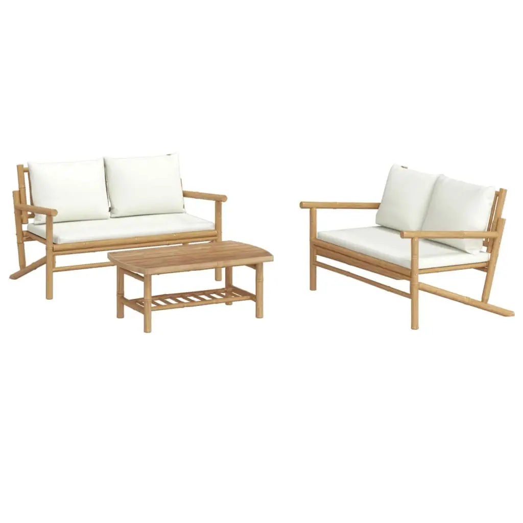 Bamboo Garden Lounge Set 3 Piece Outdoor Furniture Brown with Cream Cushions