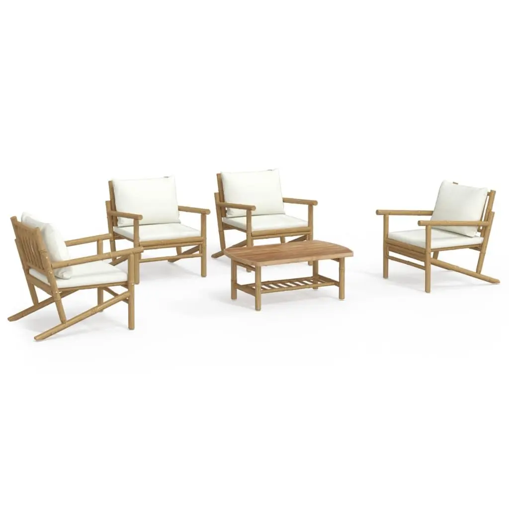5 Piece Bamboo Garden Lounge Set Brown with Cream Cushions