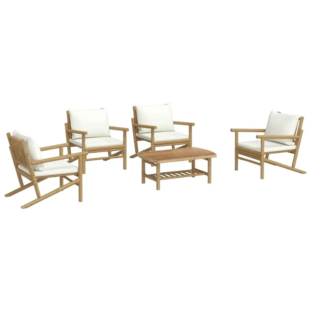 5 Piece Bamboo Garden Lounge Set Brown with Cream Cushions
