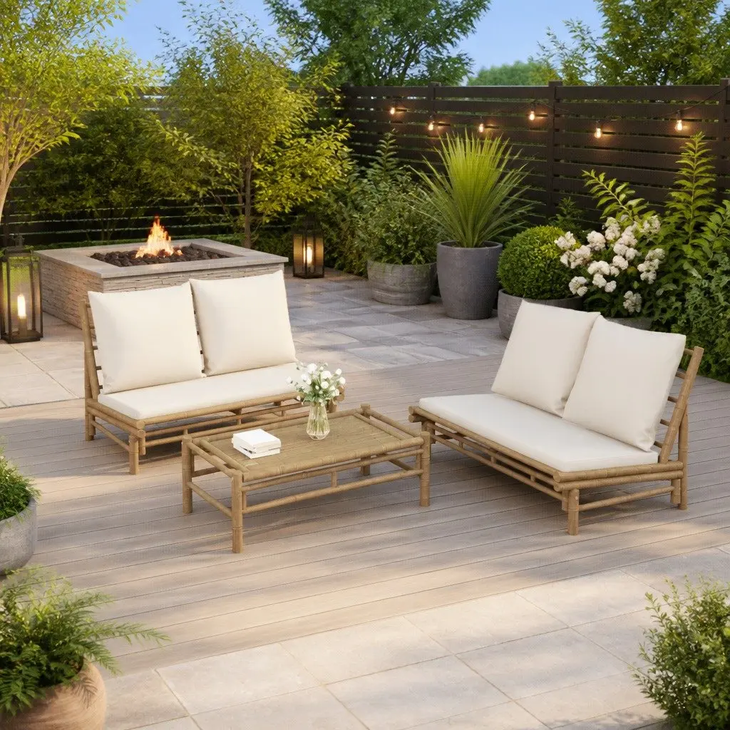 3 Piece Bamboo Garden Lounge Set Outdoor Furniture Brown with Cream Cushions