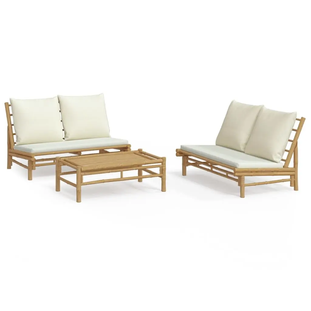 3 Piece Bamboo Garden Lounge Set Outdoor Furniture Brown with Cream Cushions