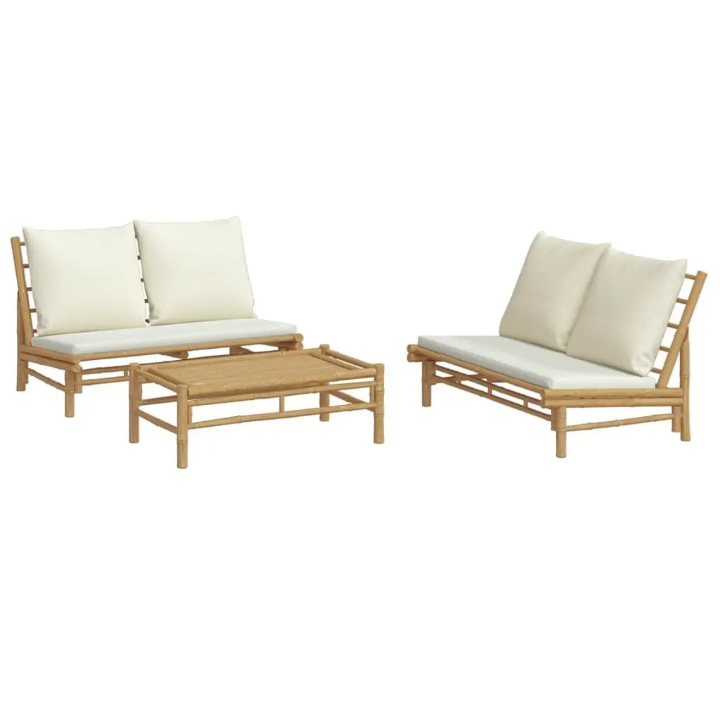 3 Piece Bamboo Garden Lounge Set Outdoor Furniture Brown with Cream Cushions