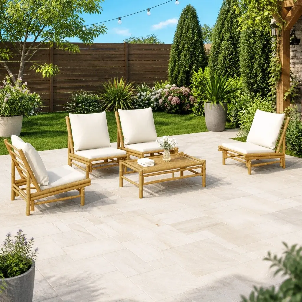 5 Piece Bamboo Outdoor Garden Lounge Set Brown with Cream White Cushions